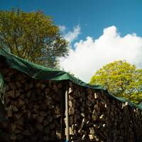 Finnebrogue Woods seasoned harwood stacked ready for sale with a tarpaulin covering it