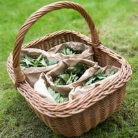 Dried leaves sit in a picnic basket ready for guests to throw over the bride & groom